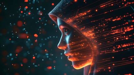 Poster - Portrait of a futuristic woman with glowing particles, surrounded by abstract digital elements and vibrant colors, representing technology, innovation, and transformation.