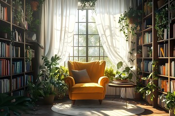 Wall Mural - cozy reading nook with a mustard yellow armchair, bookshelves filled with books and plants, a small round coffee table, and a large window with flowing 