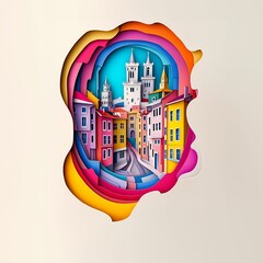Poster - Bilzen, Belgium, paper cut illustration - A city with a clock tower in the middle of it