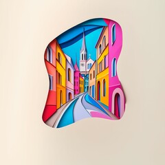 Poster - Swindon, England, paper cut illustration - A paper cut of a city street with a church