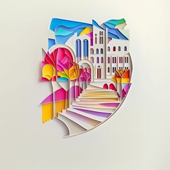 Poster - Heerlen, Netherlands, paper cut illustration - A paper cut of a city with a staircase