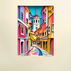 Poster - Reutlingen, Germany, paper cut illustration - A street with a clock tower