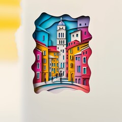 Poster - Waiblingen, Germany, paper cut illustration - A city with a clock tower
