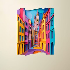 Poster - Hall in Tirol, Austria, paper cut illustration - A colorful city street with a clock tower