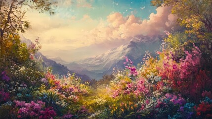 Wall Mural - Vibrant Floral Garden Overlooking Majestic Mountain Range