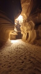 Poster - Winding pathways of Antelope Canyon beckon explorers as golden light filters through the narrow openings, illuminating the smooth sandstone walls