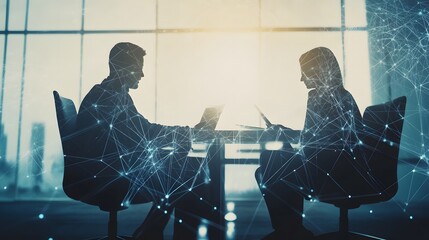 Poster - Silhouetted figures collaborate using laptops in a modern office setting