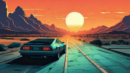 Poster - Car ride on the morning road in 80s retro synthwave or 00s vaporwave style