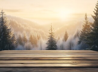 Sticker - Empty wooden table top with a winter landscape background