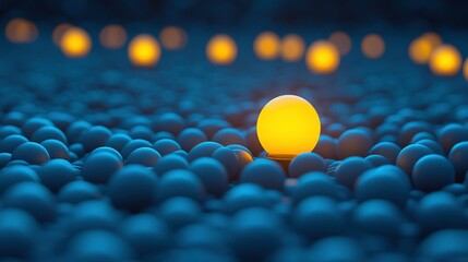 Poster - An Abstract Representation of Uniqueness Amongst Uniformity Featuring a Vibrant Yellow Sphere Amidst a Sea of Gray Spheres in a Dark Blue Background
