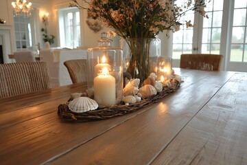 Wall Mural - A dining area featuring a rustic wooden table, wicker chairs, and a centerpiece of seashells and candles.