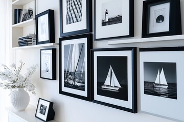 Aufkleber - A gallery wall featuring black-and-white photos of lighthouses and sailboats.
