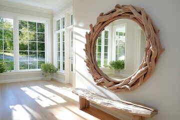 Poster - A large round mirror framed with weathered driftwood hanging in a bright hallway