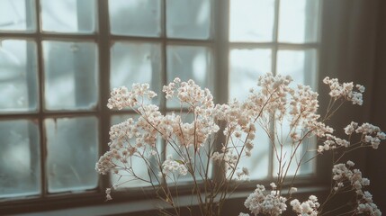 Poster - Soft light filters through an old window, illuminating delicate flowers in bloom. The gentle ambiance evokes a feeling of peace and tranquility, enhancing the beauty of nature indoors