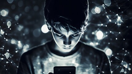 Poster - Young boy engrossed in mobile phone use amidst glowing digital connections representing technology and social media impact on youth engagement and connectivity