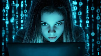 Leinwandbilder - Young Girl Engaged in Digital Learning With Technology Surrounded by Binary Code Representing Concepts of Programming and Data Analysis in a Futuristic Setting