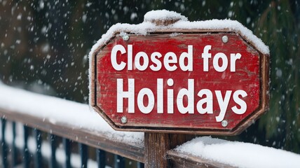 Wall Mural - closed for holidays concept. Closed sign indicating holiday closure amidst falling snow.