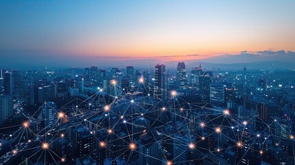 Poster - A city skyline at dusk with a network overlay symbolizing connectivity and technology.