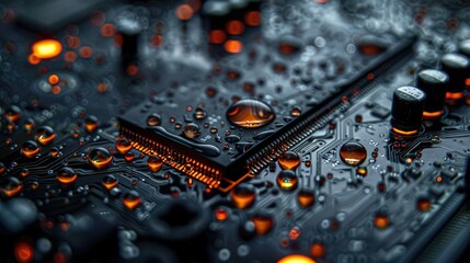Poster - A close-up of a circuit board with water droplets, showcasing technology and electronics.