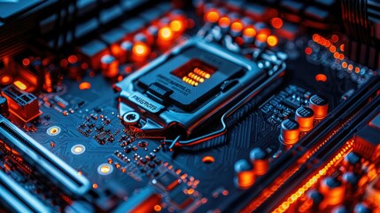 Poster - A close-up of a computer motherboard showcasing a CPU socket and intricate circuitry.