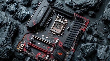 Poster - A close-up of a computer motherboard showcasing its intricate circuitry and design.