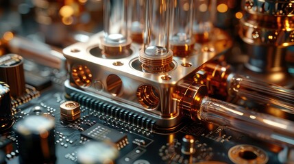Poster - A close-up of a metallic component on a circuit board, showcasing intricate engineering details.