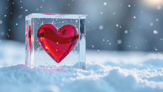 Red heart symbol freeze inside a square ice block on the snow, Valentine's day concept, copy space