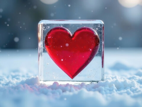 Red heart symbol freeze inside a square ice block on the snow, Valentine's day concept, copy space