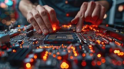 Poster - A close-up of hands assembling a circuit board with glowing components.