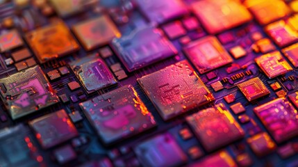 Poster - A close-up view of a colorful microchip circuit board showcasing intricate designs.