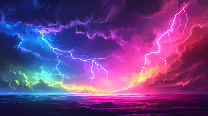 Wall Mural - Vibrant electric neon rainbow lightning landscape with dynamic brightness. Tempest. Illustration