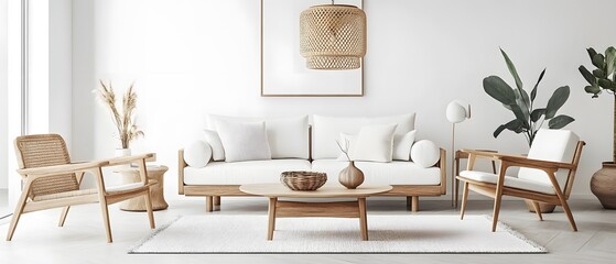 Aufkleber - Modern Minimalist Living Room with Natural Wood Furniture, Cozy Textiles, Green Plants, and Contemporary Decor in Neutral Tones