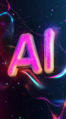 Poster - Colorful glowing letters spelling AI stand out against a cosmic background with swirling patterns and sparkles in deep space