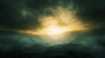 Poster - mystical fog rolls over valley at sunrise, creating ethereal atmosphere