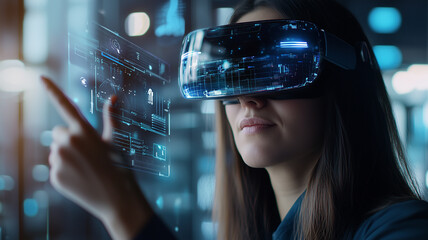 Poster - woman wearing VR headset interacts with digital holographic interface