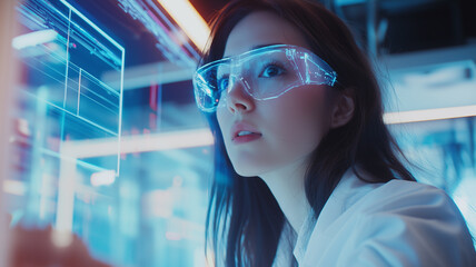 Aufkleber - woman wearing futuristic glasses explores digital interface in high tech environment