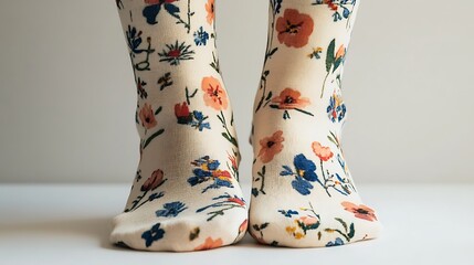 Wall Mural - 18. A pair of socks with a floral print displayed neatly on a white background