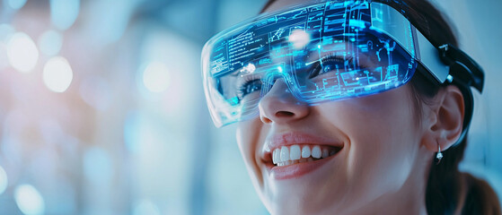 Poster - woman smiling while wearing futuristic augmented reality glasses, showcasing cheerful mood