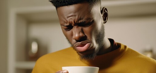 A man grimaces while tasting a beverage from a white cup, displaying a strong reaction, possibly indicating displeasure.