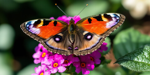 Poster - vibrant butterfly with colorful wings rests on bright pink flower in lush garden