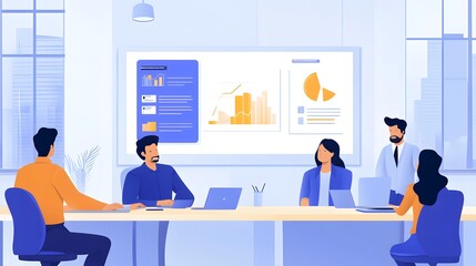 Poster - Business Team Meeting Analyzing Financial Data Graphs