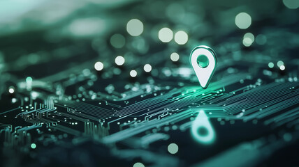 Poster - glowing location pin on circuit board symbolizes GPS technology