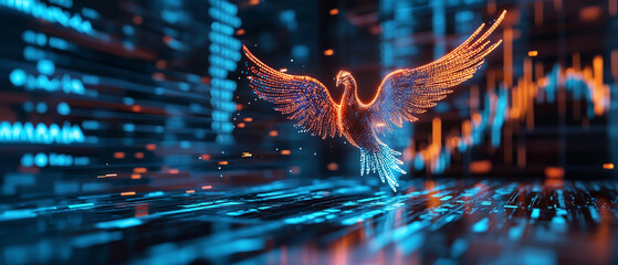 Poster - digital hologram of phoenix rises amidst stock market data, symbolizing growth