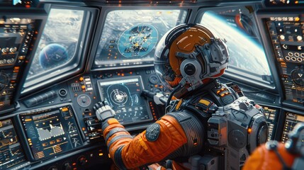 Poster - A futuristic astronaut operating a spacecraft's control panel in space.