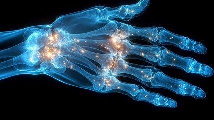 Poster - Close-up digital X-ray of a human hand showing intricate bone structure and joint details