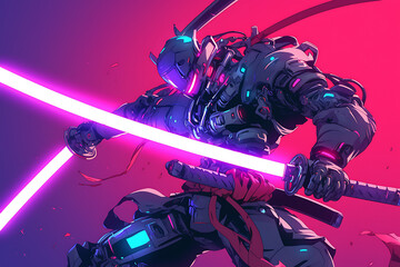 Wall Mural - A futuristic warrior wielding glowing swords in a vibrant, cyberpunk-inspired environment.