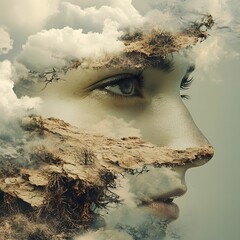 Poster - Artistic Representation of a Serene Face Merged with Nature Elements Featuring Clouds, Earth, and Organic Textures, Symbolizing Harmony Between Humanity and Environment