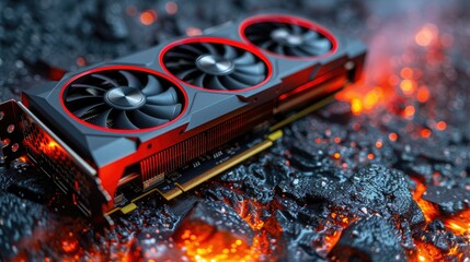 Poster - A graphics card positioned on a textured surface resembling molten lava.