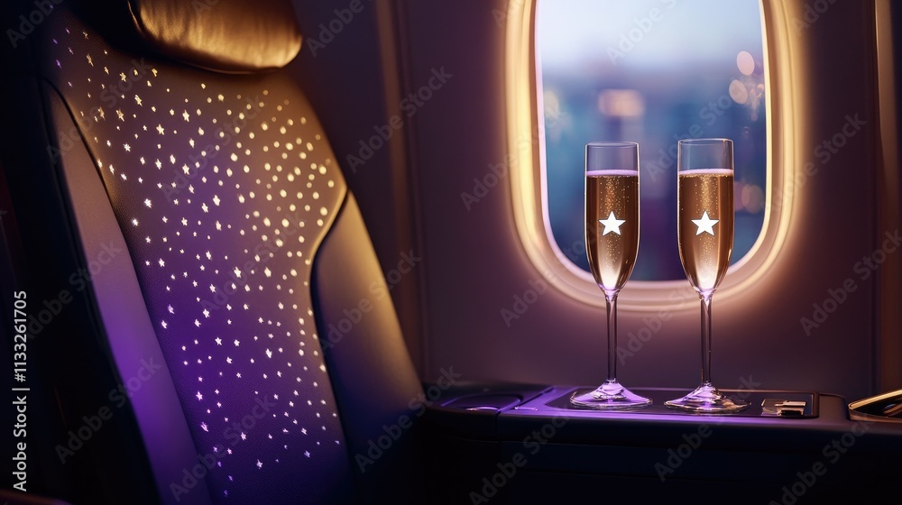 Elegant leather seat in first-class cabin with champagne and a glowing ...