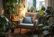 © ma - A cozy corner in an apartment with lots of plants, featuring a comfortable armchair and a small table by the window.